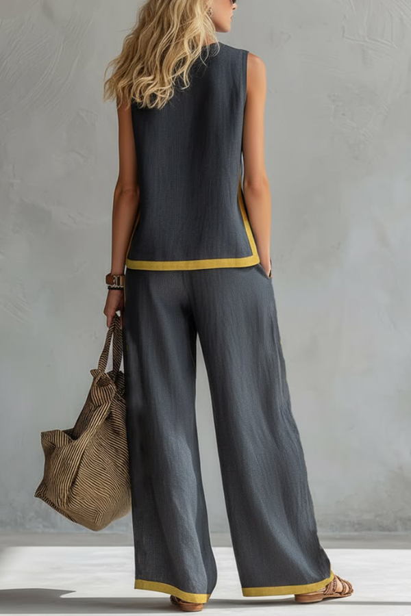 Linen Blend Color-blocked Round Neck Sleeveless Loose Top and Elastic Waist Casual Pocket Wide-leg Pants Set