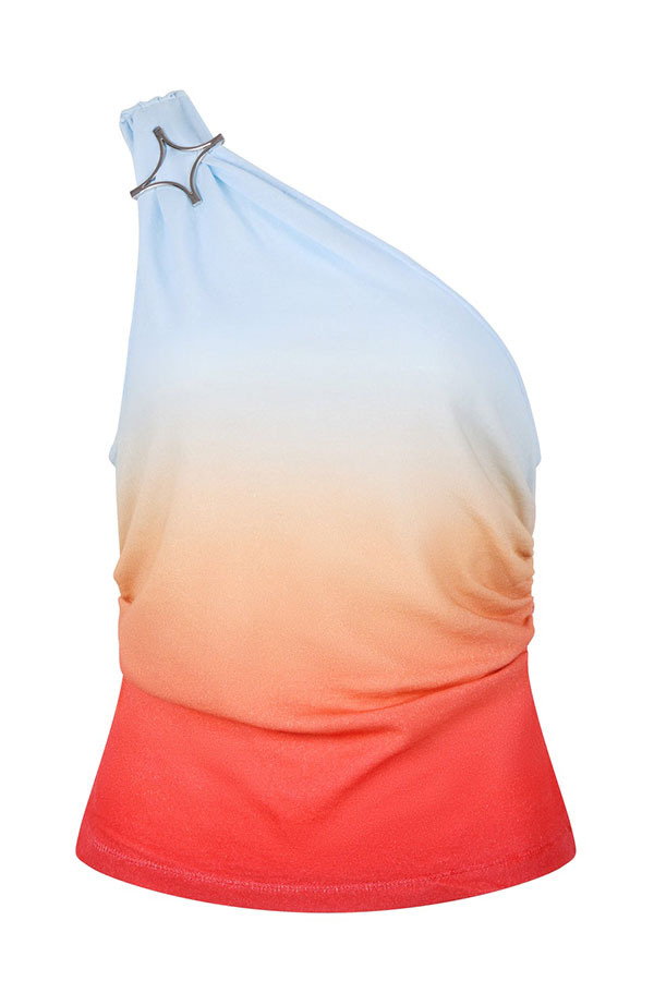 Ocean Sunset Ombré Print Starburst Brooch One Shoulder Tank and Elastic Waist Slit Maxi Skirt Set