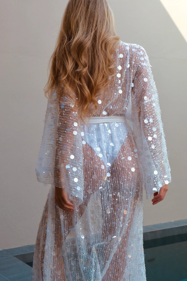 Fashionable Sequined Loose Long-sleeved Tie-front Holiday Casual Cover-up