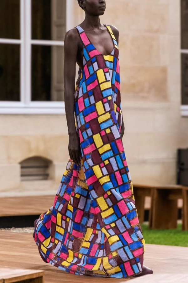 Stylish Color-blocked Plaid Print Sleeveless Round Neck Loose Maxi Dress | Consonak