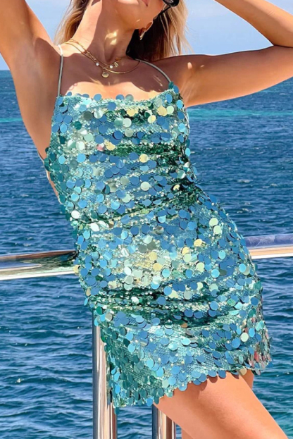 Stylish Sequined Sexy Backless Tie-waist Slim-fit Mini Dress-consonak