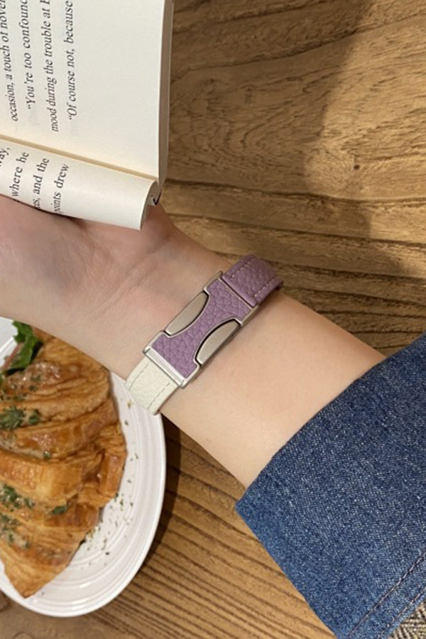 Fashionable Genuine Leather Lychee Pattern Double C Magnetic Buckle Watch Strap-consonak
