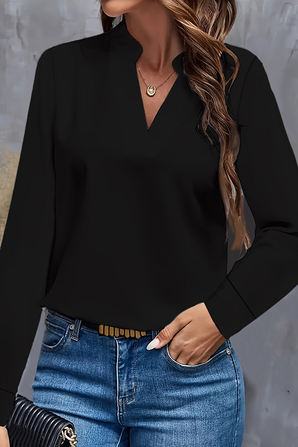 Solid Color Loose V-neck Long-sleeved Casual Shirt-consonak