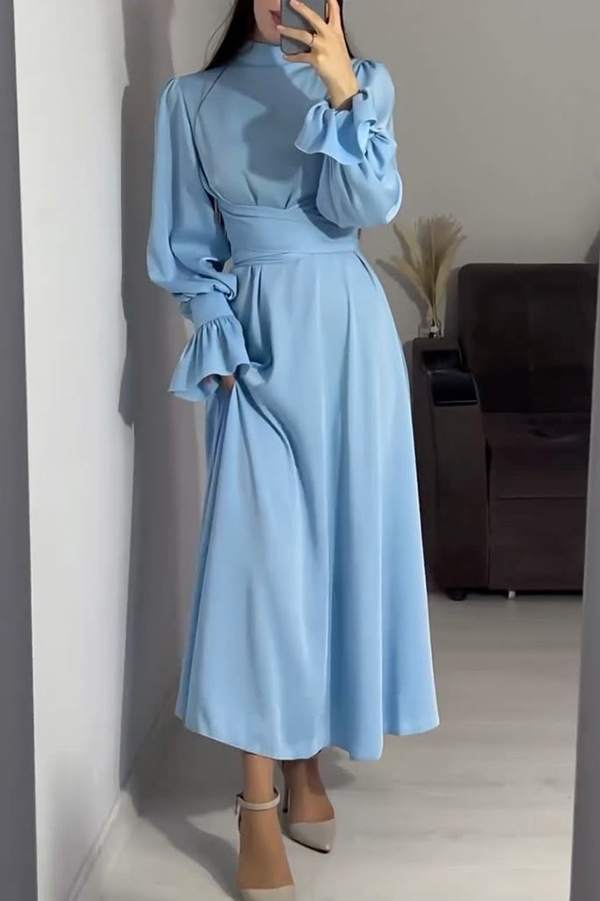 Solid Color Ruffled Sleeves Waisted Tie Slim Fit Maxi Dress-consonak