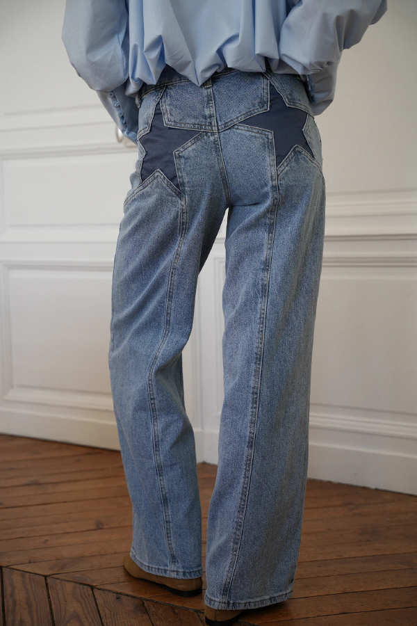 Stylish Denim Colorblock Star Patterned Mid Waist Pocket Wide Leg Jeans