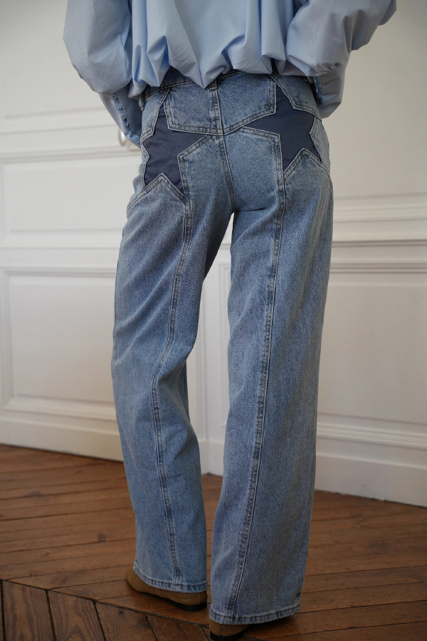 Stylish Denim Colorblock Star Patterned Mid Waist Pocket Wide Leg Jeans