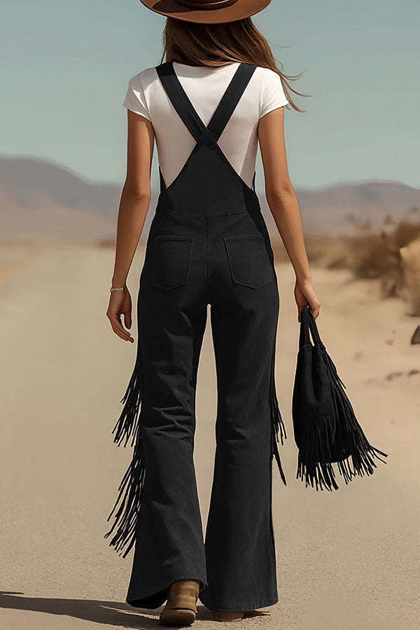 Stylish Suede Tassel Button Pocket Casual Wide-leg Overalls-consonak