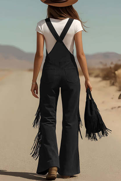 Stylish Suede Tassel Button Pocket Casual Wide-leg Overalls-consonak