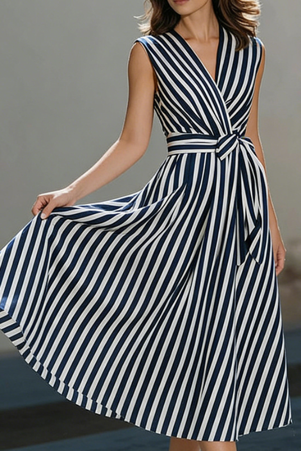 Striped Printed V-neck Sleeveless Belted Casual Midi Dress | Consonak