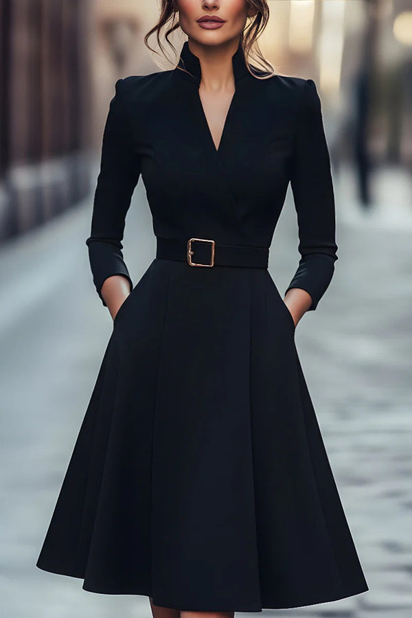 Solid Color V-neck Fitted Waist Long Sleeve Elegant Midi Dress | Consonak
