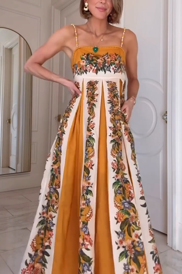 Bloom Bright Linen Blend Floral Print Beaded Shoulder Straps Pocket Maxi Dress