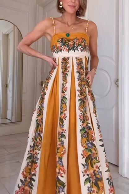 Bloom Bright Linen Blend Floral Print Beaded Shoulder Straps Pocket Maxi Dress-consonak