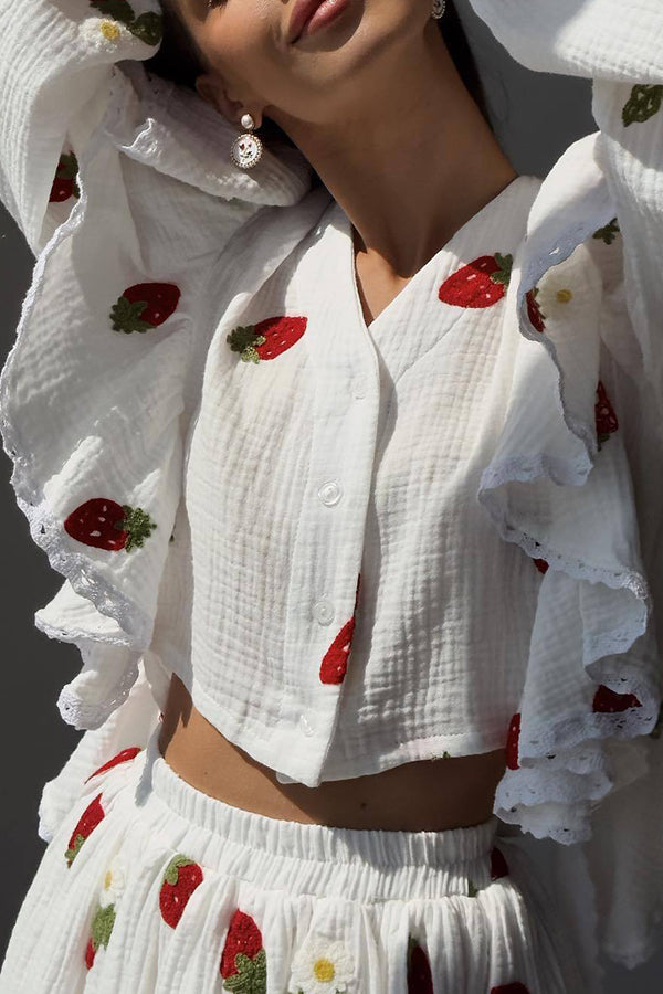 Ranier Cotton Linen Blend Strawberry Print Ruffle Blouse and Elastic Waist Mini Skirt Set-consonak