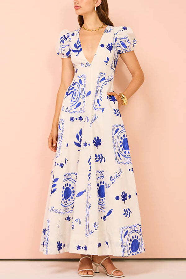 Embrace The Glamour Linen Blend Unique Print Puff Sleeve Pocketed Maxi Dress-consonak