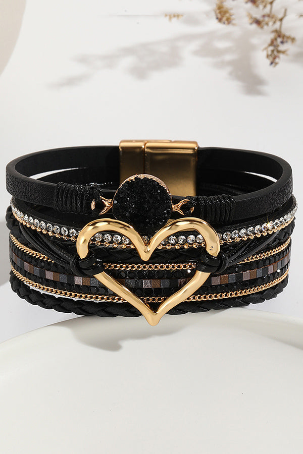 Bohemian Leather Cord Multi-layered Raw Stone Heart Bracelet-consonak