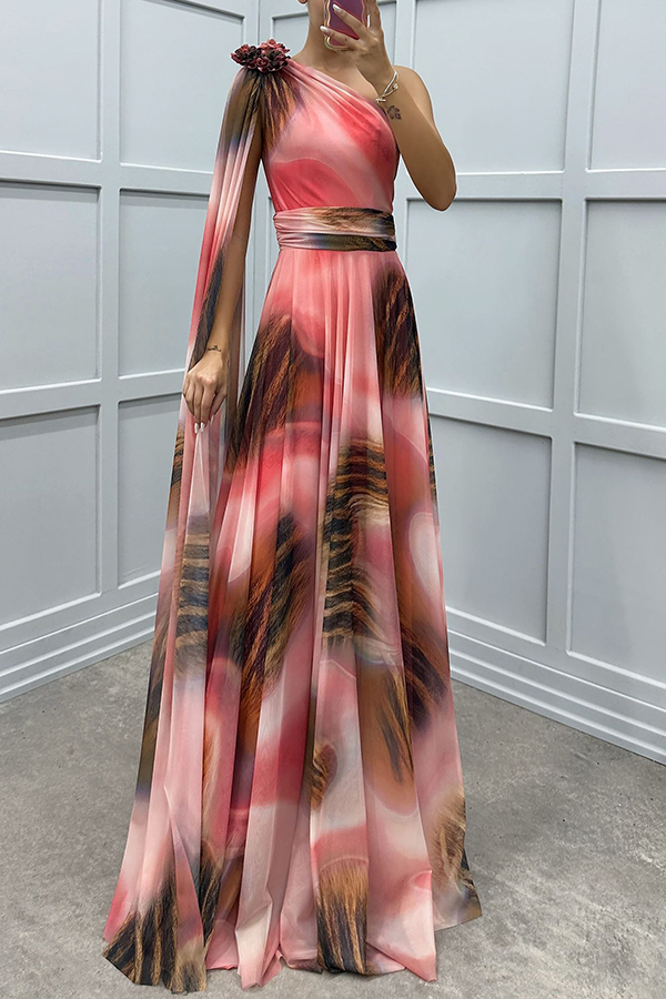 Lucia Unique Print Floral Detail One Shoulder Draped Sleeve Gown Maxi Dress | Consonak