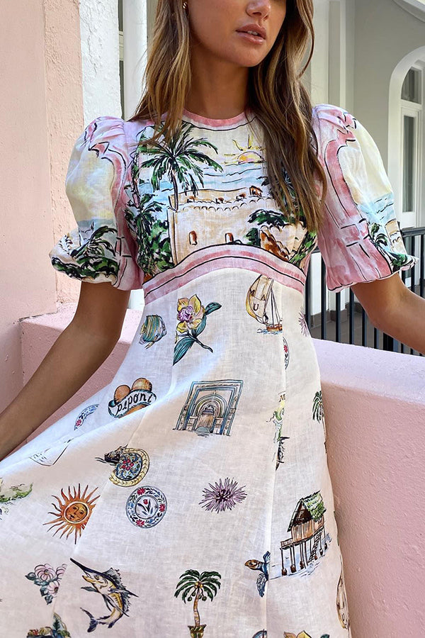 European Summer Sunset Linen Blend Unique Print Puff Sleeve Midi Dress-consonak