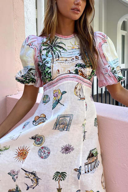 European Summer Sunset Linen Blend Unique Print Puff Sleeve Midi Dress-consonak