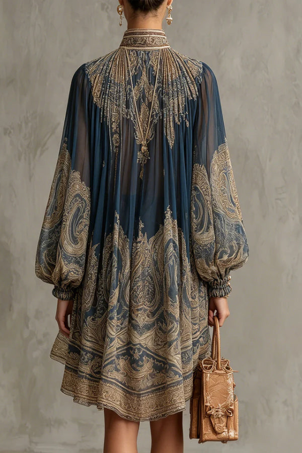 Baroque Print High-neck Irregular Chiffon Mini Dress-Consonak