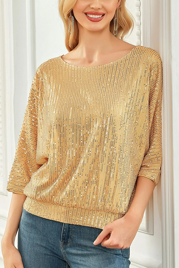 Solid Color Sequined Loose Round Neck Casual Top-consonak