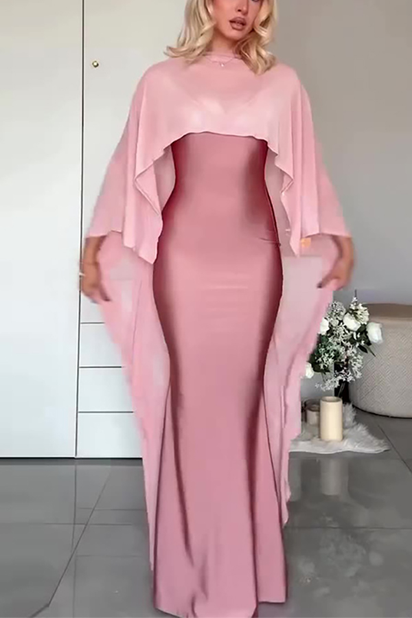 Dusty Pink Satin Mermaid Maxi Dress with Chiffon Cape | Evening Party Gown