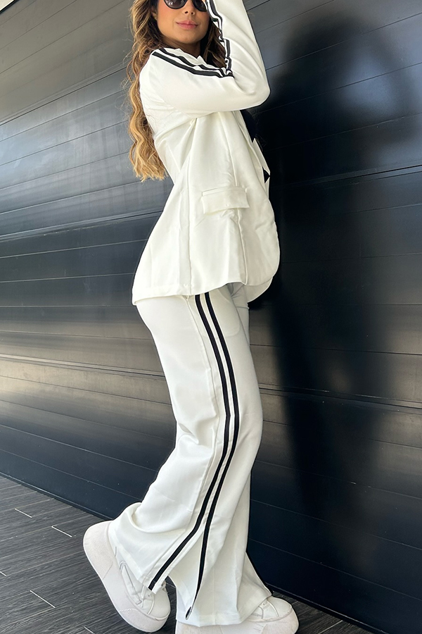 Sporty Mixed Formal Striped Trim Lapel Blazer and Elastic Waist Pocket Loose Pants Set-consonak