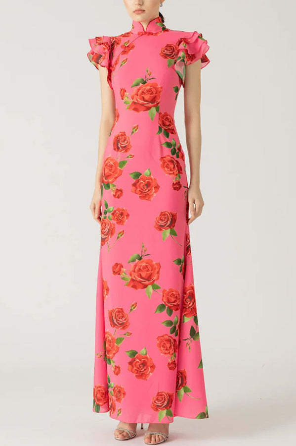 Elegant party cheongsam style rose print layered flared sleeve elastic long skirt-consonak