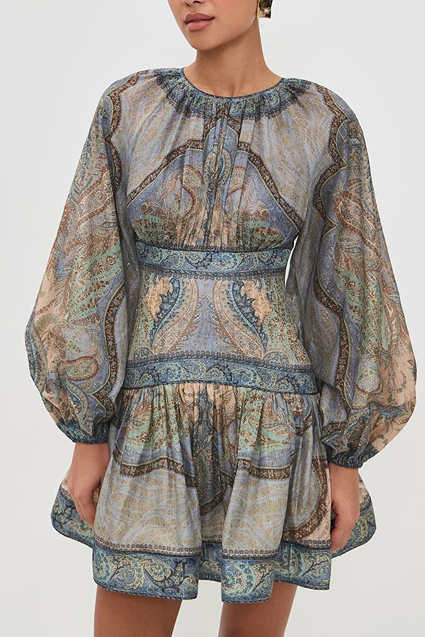 Exotic Style Paisley Print Long Balloon Sleeve Smocked Waist Mini Dres