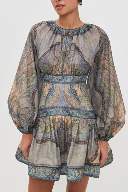 Exotic Style Paisley Print Long Balloon Sleeve Smocked Waist Mini Dress