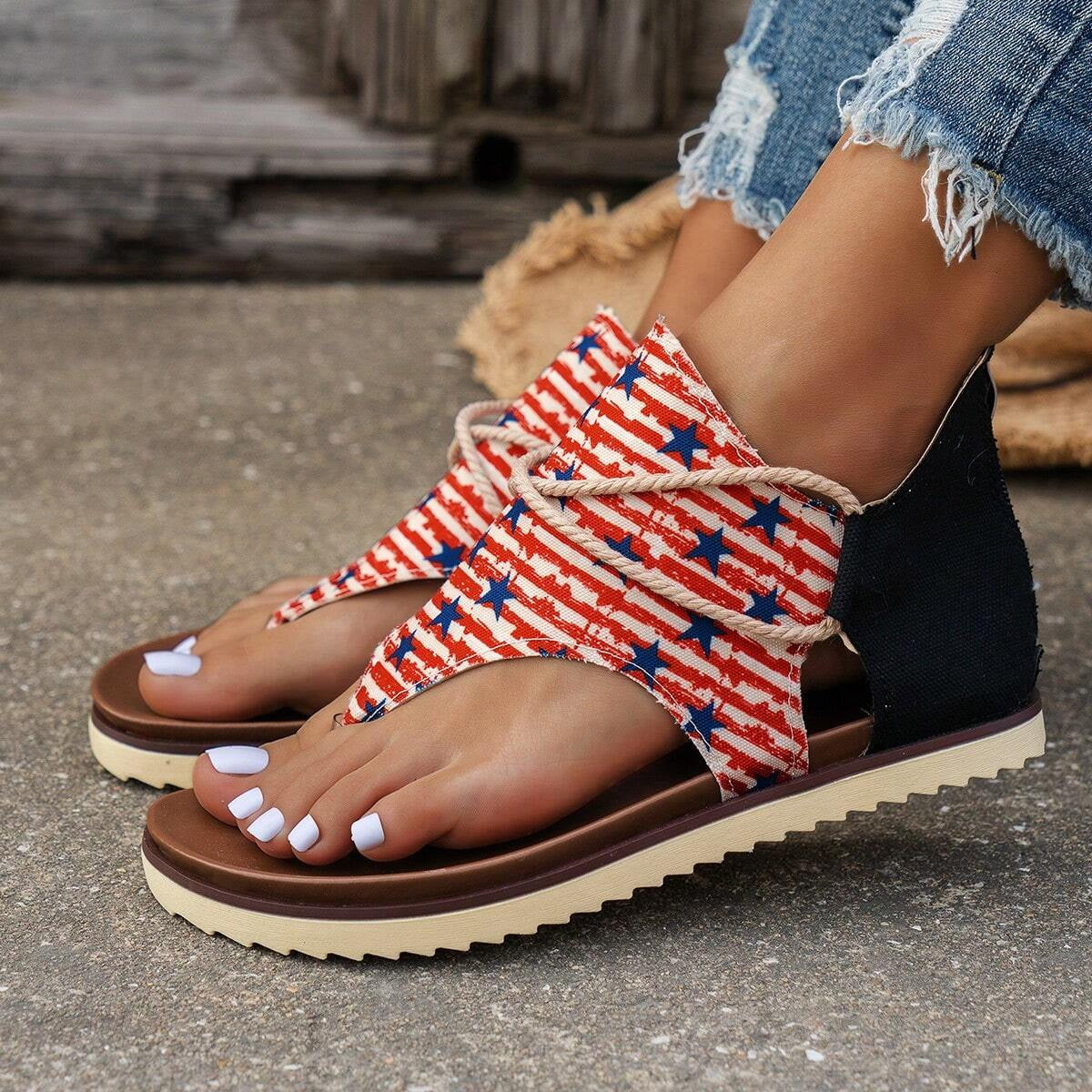 Independence Day Summer New Printed Back Zipper Roman Beach Sandals-consonak