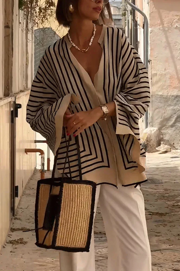 Comfortable and Effortless Striped Long Slit Sleeve Button Relaxed Loose Blouse-consonak
