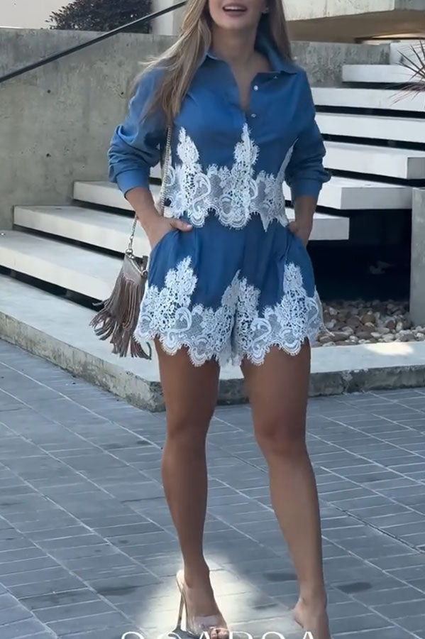 Nasha Denim Lace Trim Button Long Sleeve Shirt and High Rise Pocket Wide Leg Shorts Set-consonak