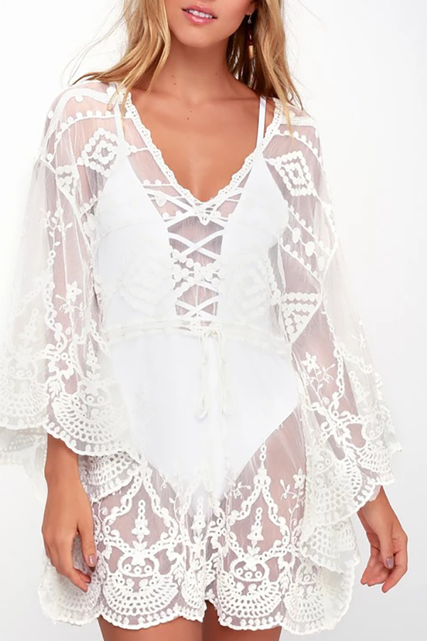 Skylar Embroidered Bell Sleeve Cover-up-consonak