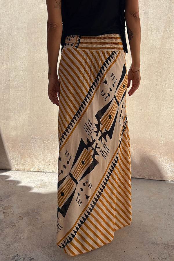 Eva Satin Geometric Print Elastic Waist Maxi Skirt-consonak
