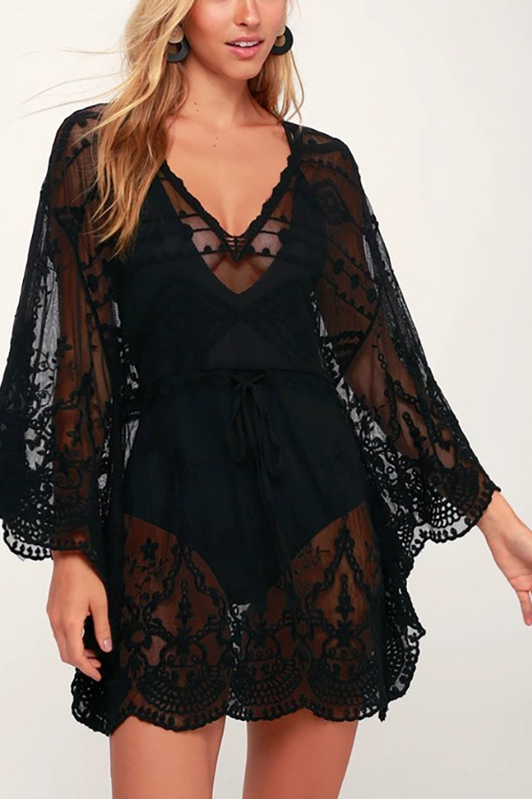 Skylar Embroidered Bell Sleeve Cover-up-consonak