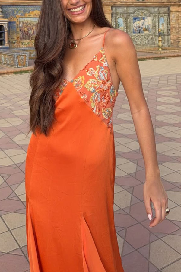 Midnight Chic Embroidered Sequine Beaded V-neck Slip Flare Maxi Dress