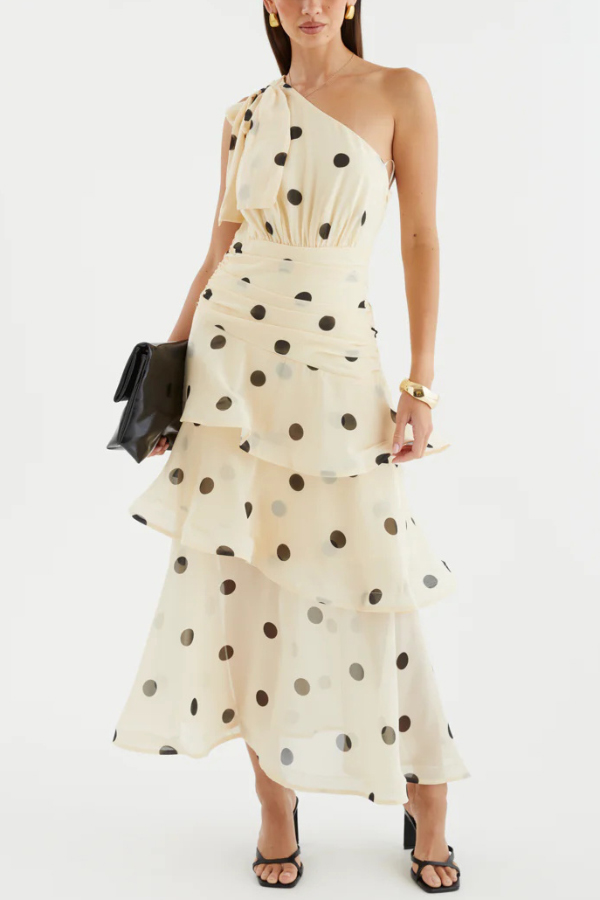 Fashionable Polka Dot Print One-shoulder Sleeveless Layered Mesh Maxi Dress | Consonak