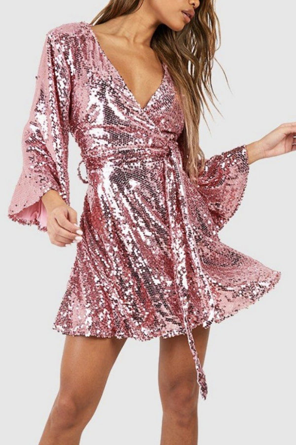 Solid Color Loose Sequined V-neck Tie Mini Dress-consonak
