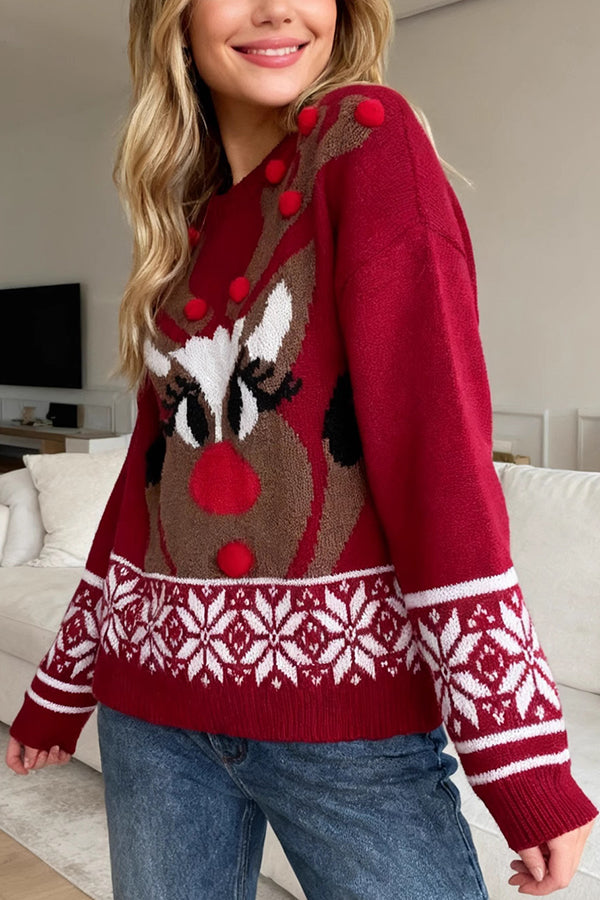 Christmas Reindeer Pattern Long-sleeved Loose Knit Sweater-consonak