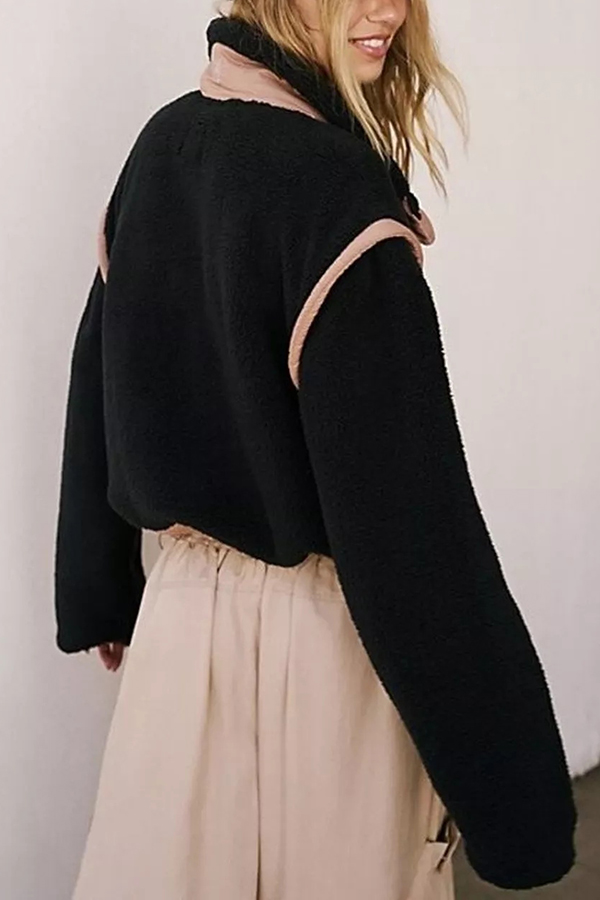 Stylish Patchwork Stand Collar Sherpa Zipper Jacket-consonak