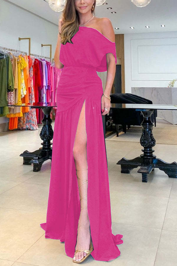 Midnight Chances One Shoulder Ruched Detail Slit Party Maxi Dress-consonak