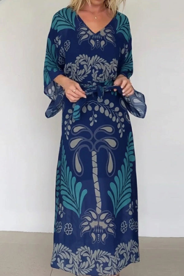 Bohemian Style Unique Printed Chiffon Loose-fitting Belted Maxi Dress