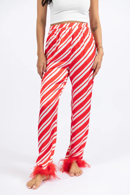 Christmas Party Striped Print Pocket Feather Elastic Waist Pajama Set-consonak