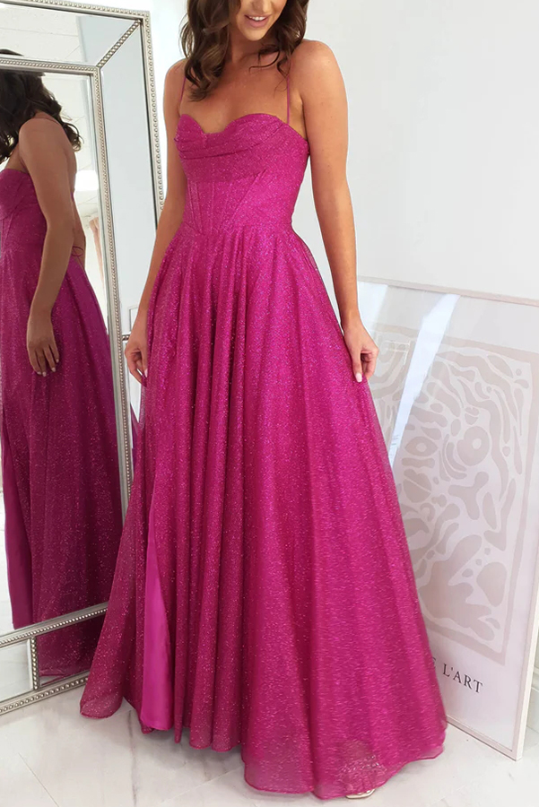 Cinderella Glitter Tulle Fabric Cowl Neck Back Lace-up Pocketed Slit Maxi Dress-consonak