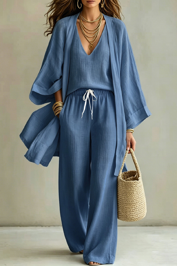 Linen Blend Solid Color Loose Cardigan V-neck Sleeveless Vest and Elastic Waist Pocket Straight Leg Pants Three-piece Set-Consonak