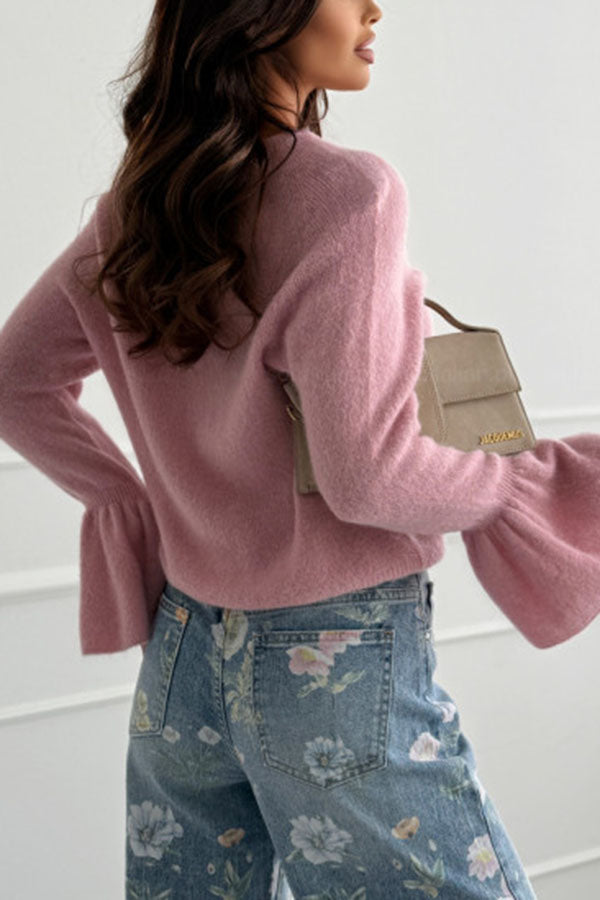 Spring Calling Knit Crew Neck Long Bell Sleeve Relaxed Sweater