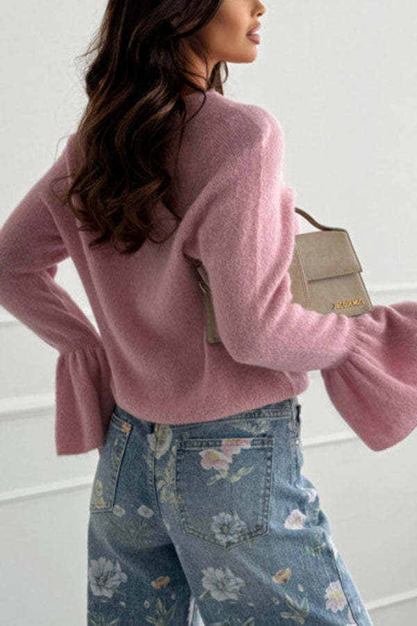 Spring Calling Knit Crew Neck Long Bell Sleeve Relaxed Sweater