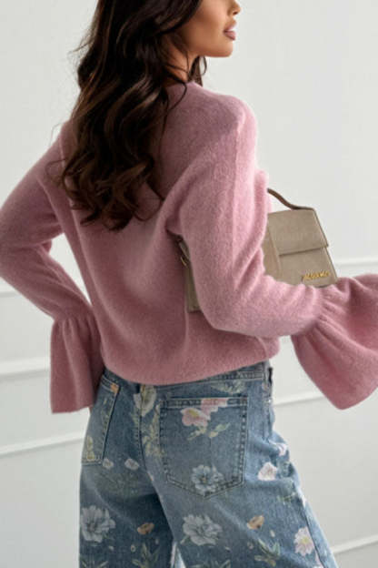 Spring Calling Knit Crew Neck Long Bell Sleeve Relaxed Sweater