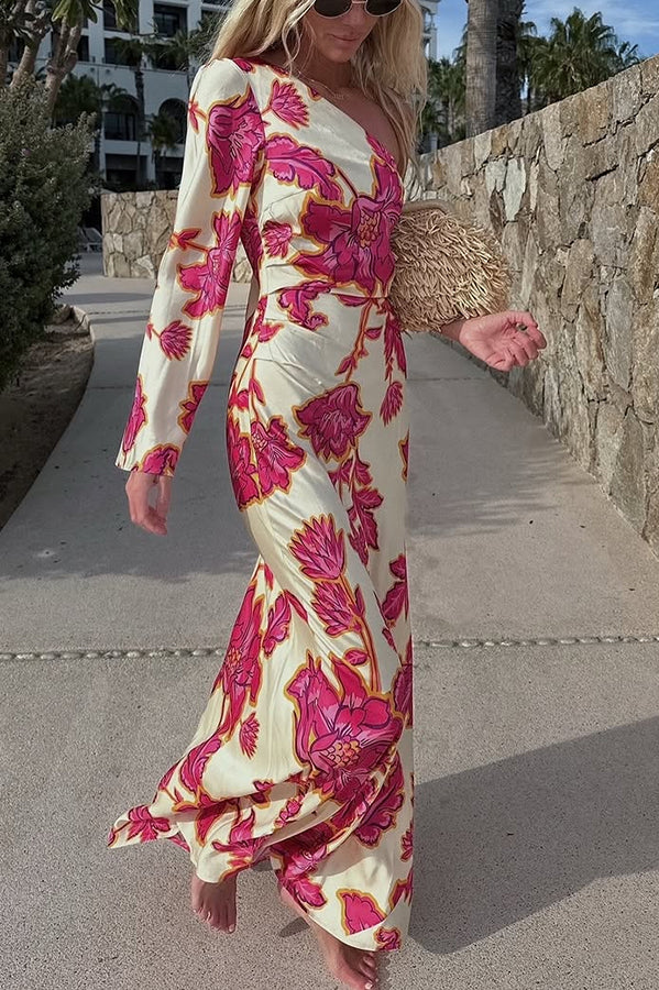 Rhia Satin Floral Print One Shoulder Flared Maxi Dress | Consonak
