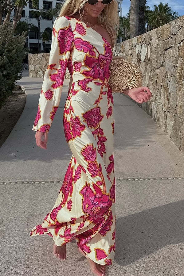 Rhia Satin Floral Print One Shoulder Flared Maxi Dress-consonak